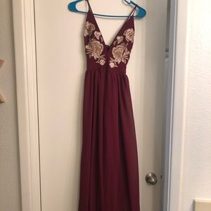 Maroon Formal Maxi Dress with Gold Detailing